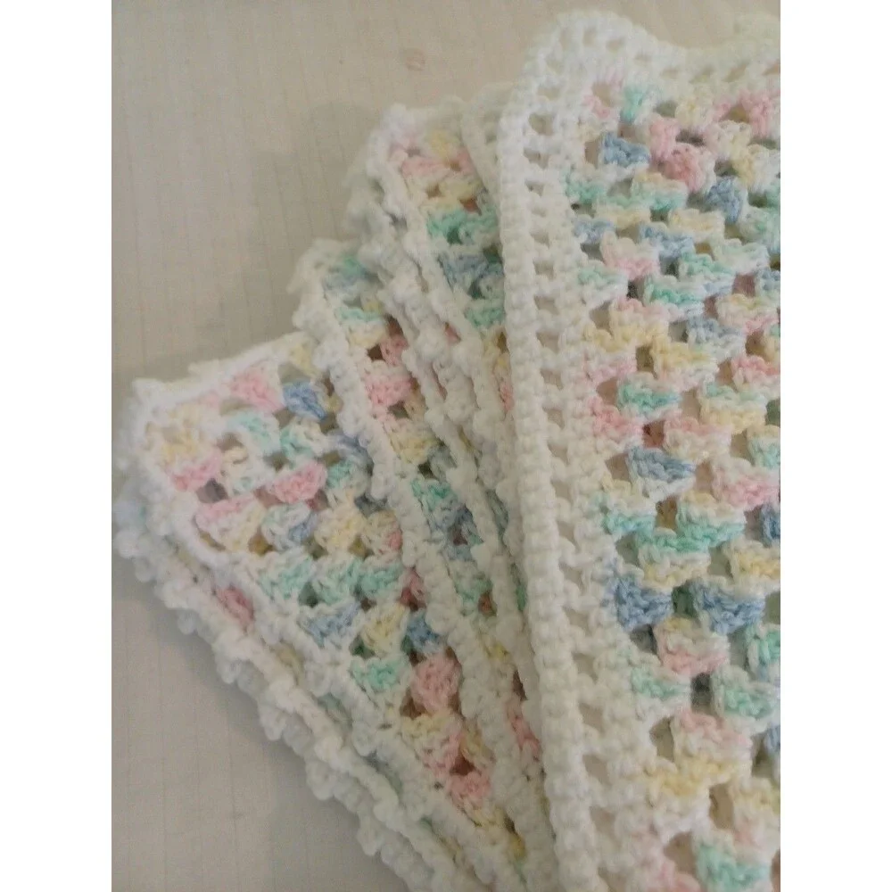 Hand knit baby blanket unisex pastel pink blue yellow 27-28